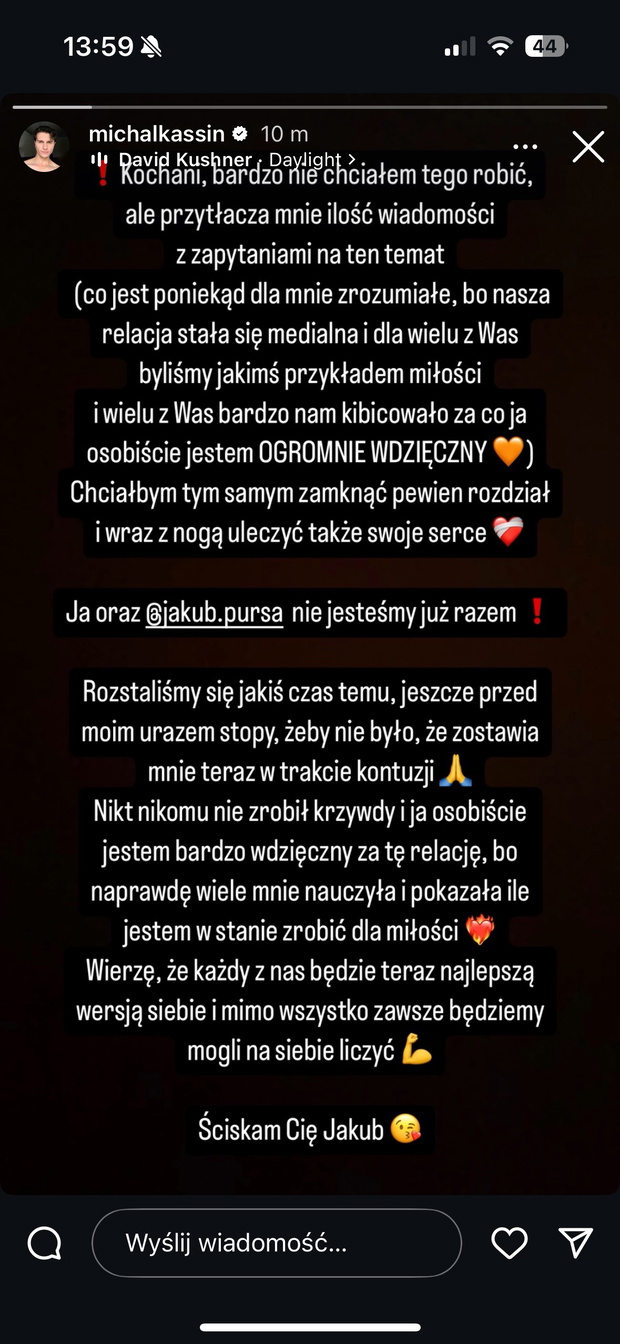 Michał Kassin potwierdza rozstanie z Jakubem Pursą