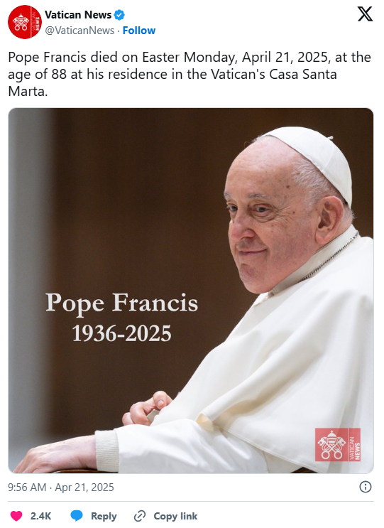 Nie żyje papież Franciszek