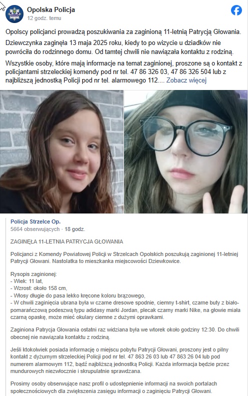Dramatyczne poszukiwania 11-letniej Patrycji Głowania z Dziewkowic