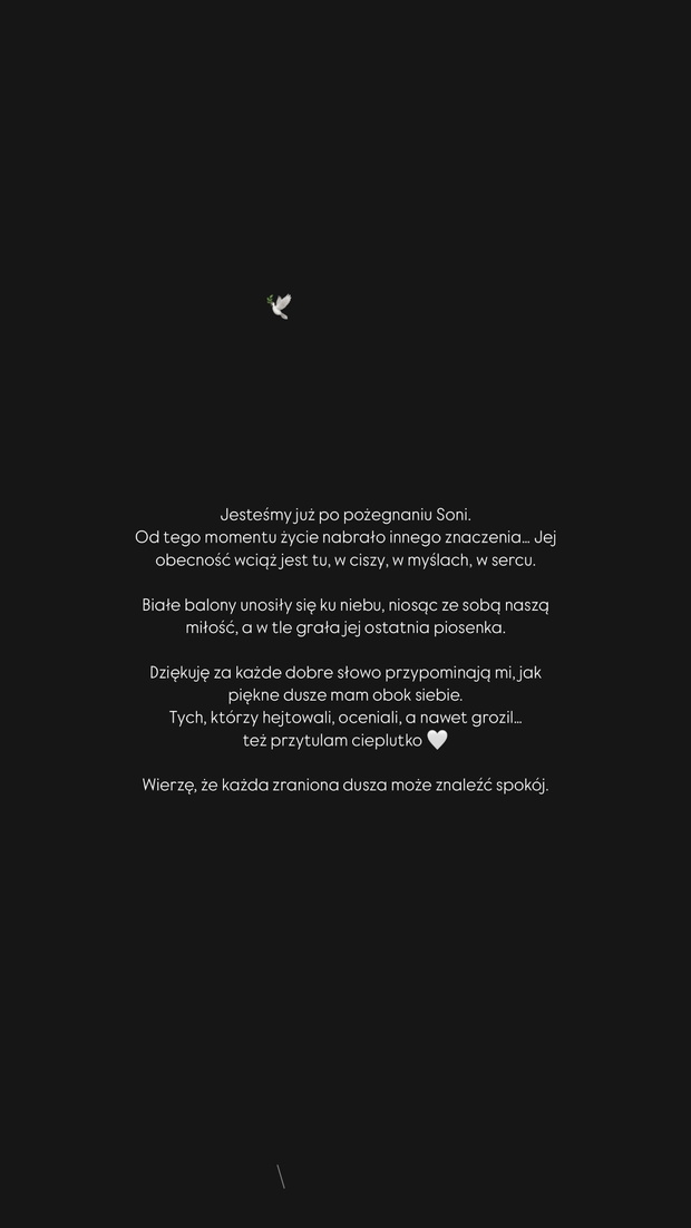 Poruszający wpis po pogrzebie Soni Szklanowskiej