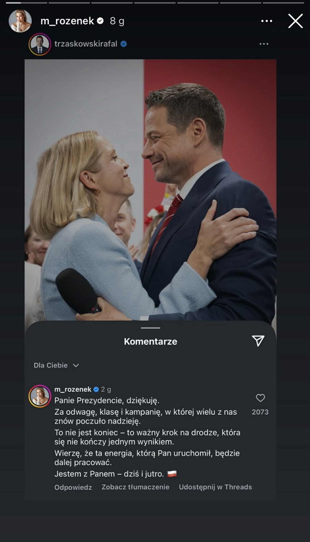 Rozenek wspiera Trzaskowskiego
