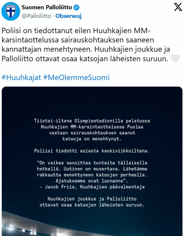 Nie żyje kibic, który zasłabł na meczu Polska-Finlandia