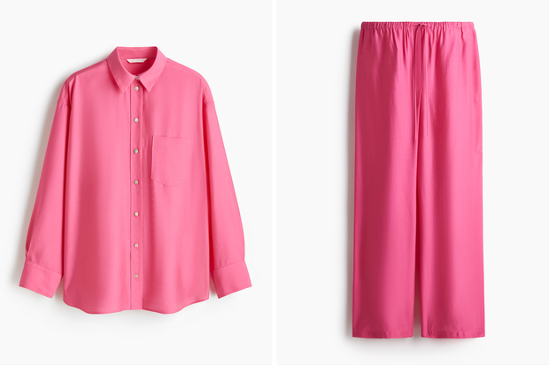 Różowy komplet w stylu Anny Lewandowskiej z H&amp;M (koszula 109,99 złotych, spodnie 79,99 złotych)