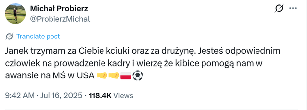 2025-07-16 10_55_18-Michał Probierz on X_ _Janek trzymam za Ciebie kciuki oraz za drużynę. Jesteś od