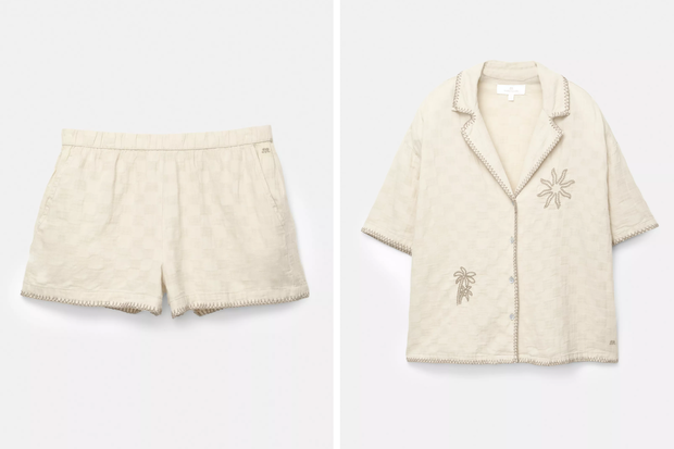 Beżowy total look z motywem słońca w stylu Pauliny Krupińskiej z Pull&amp;Bear za 228,90 złotych (spodenki 99,90 złotych, koszula 129 złotych)