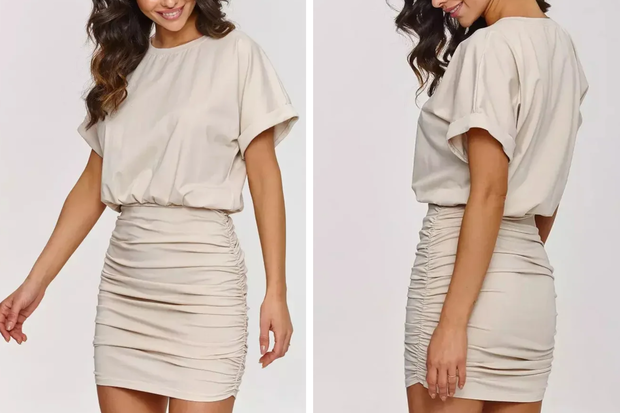 Beżowa sukienka mini w stylu Mariny i Anny Lewandowskej z Zalando marki Makadamia za 269,90 złotych