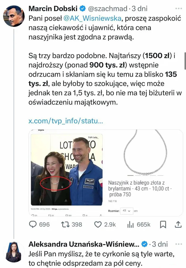 Aleksandra Uznańska-Wiśniewska odpowiada na zarzuty dziennikarza, w sprawie drogiego naszyjnika