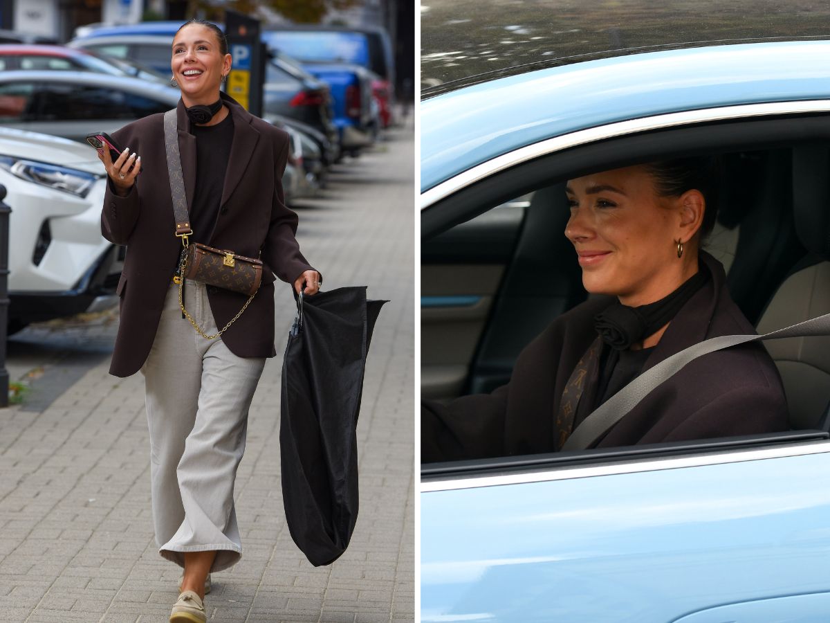 Szczęśliwa Halejcio z torebką za 10 tys. maszeruje ulicami Warszawy do swojego Porsche za milion złotych