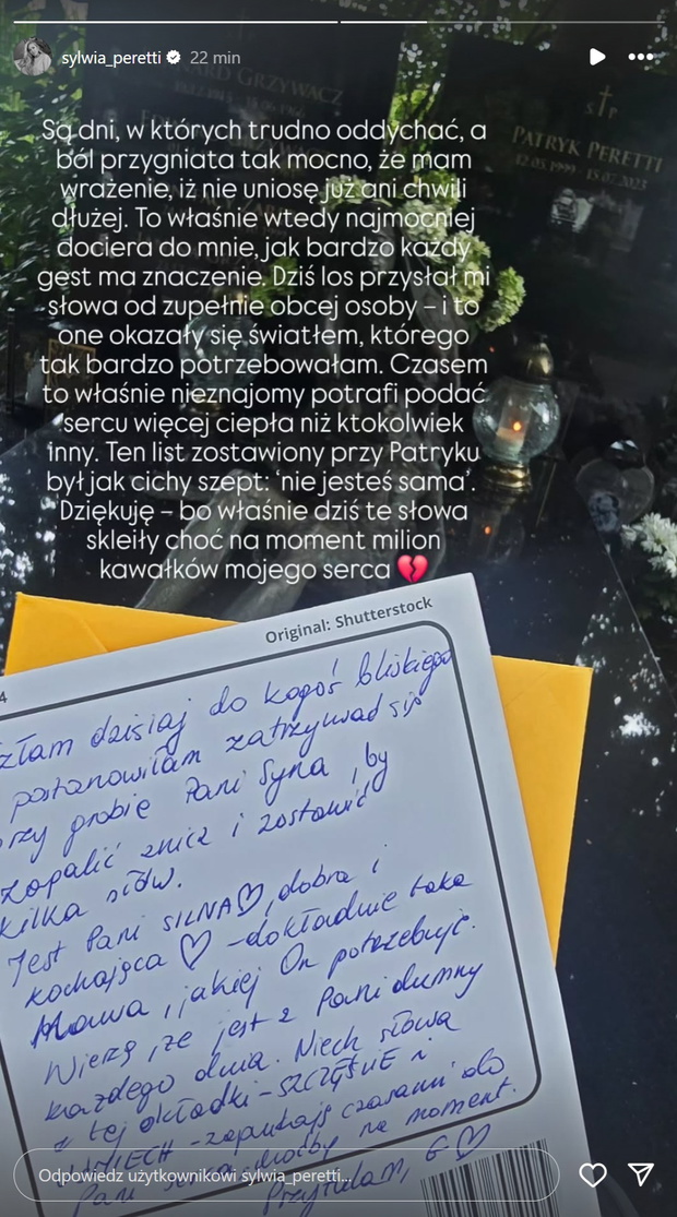 Sylwia Peretti pokazała list, który znalazła na grobie syna