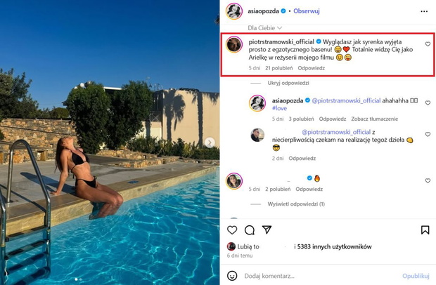 Komentarz Piotra Stramowskiego pod zdjęciem Joanny Opozdy fot. screen Instagram @asiaopozda