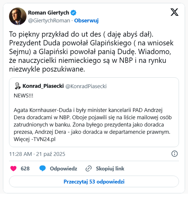 Roman Giertych o zatrudnieniu Agaty Kornhauser-Dudy w NBP