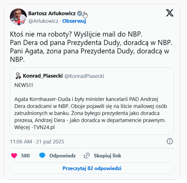 Bartosz Arłukowicz o zatrudnieniu Agaty Kornhauser-Dudy w NBP