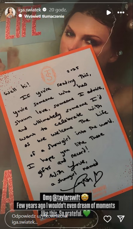 Iga Świątek Taylor Swift: szokujący list od gwiazdy