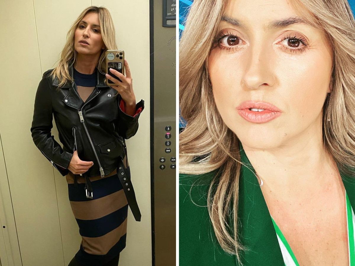 Karolina Szostak w sukience w paski i w zielonej marynarce