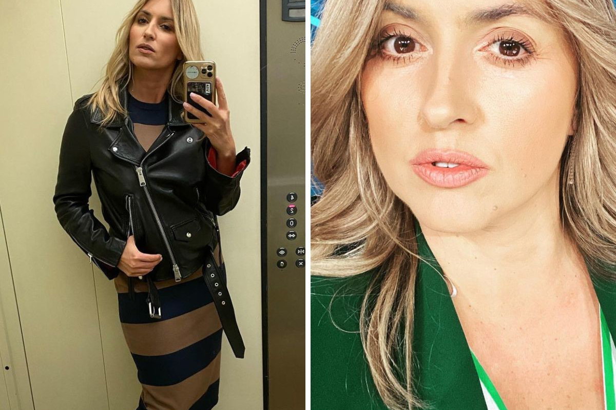 Karolina Szostak w sukience w paski i w zielonej marynarce