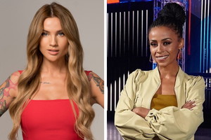 Karolina Gilon w czerwonej sukience, Aleksandra Szwed na planie Ninja Warrior Polska
