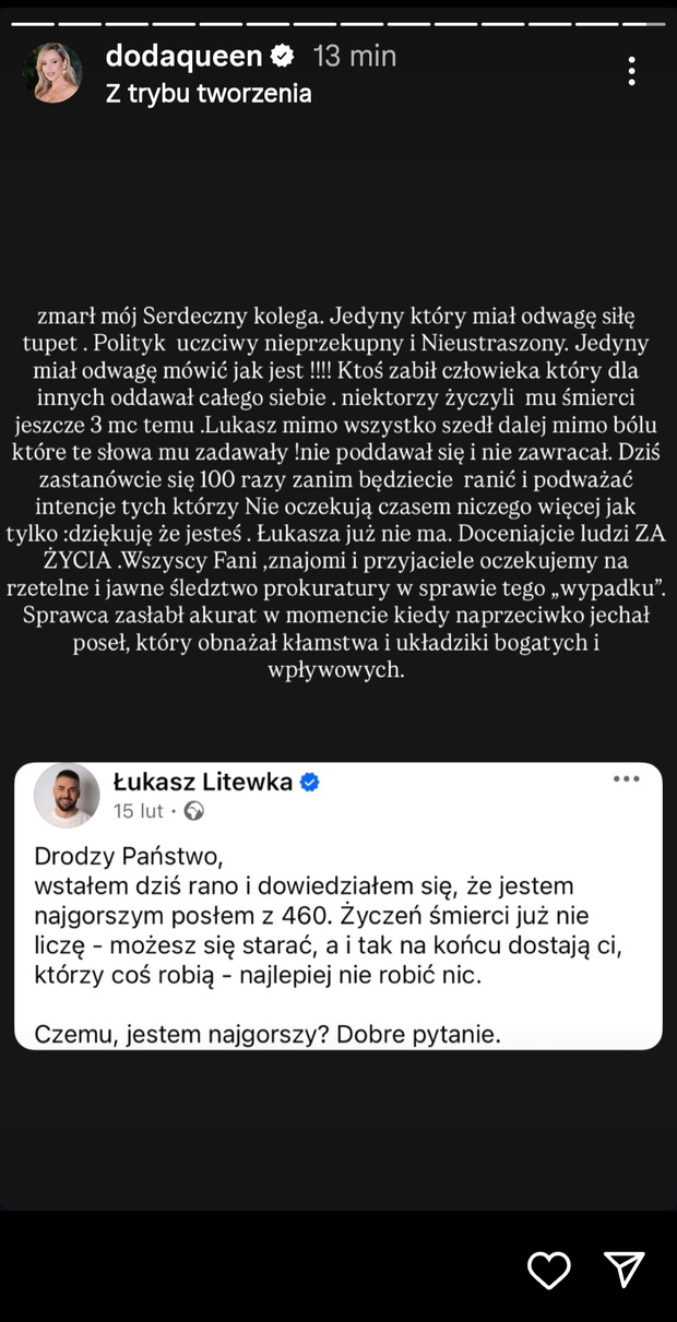 Doda zabrała głos po śmierci Łukasza Litewki, nawiązała do jednego z jego poruszających postów