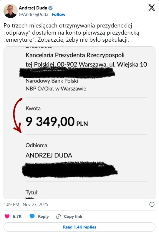 Andrzej Duda dostał swoją pierwszą prezydencką emeryturę