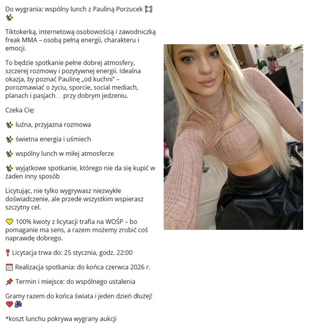 Aukcja WOŚP Pauliny Porzucek