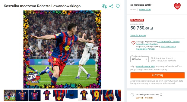 Aukcja Roberta Lewandowskiego dla WOŚP