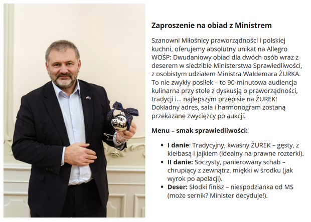Obiad z Waldemarem Żurkiem na WOŚP fot. allegro