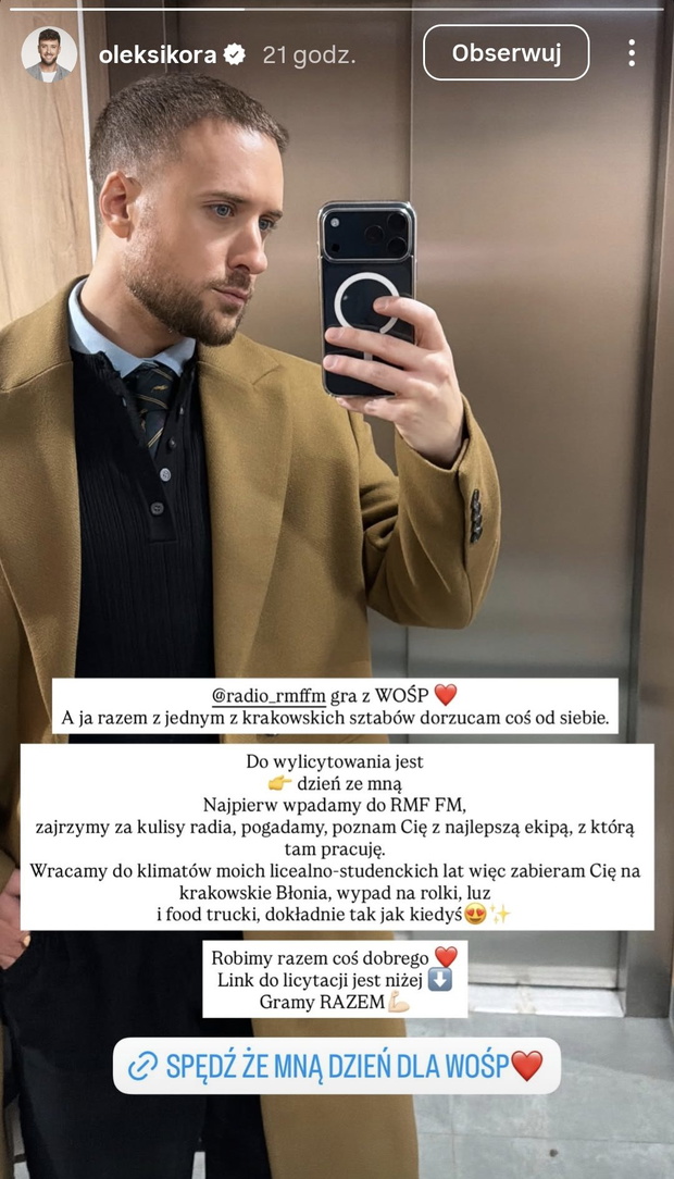 Aleksander Sikora przekazał to na WOŚP fot. Instagram @oleksikora