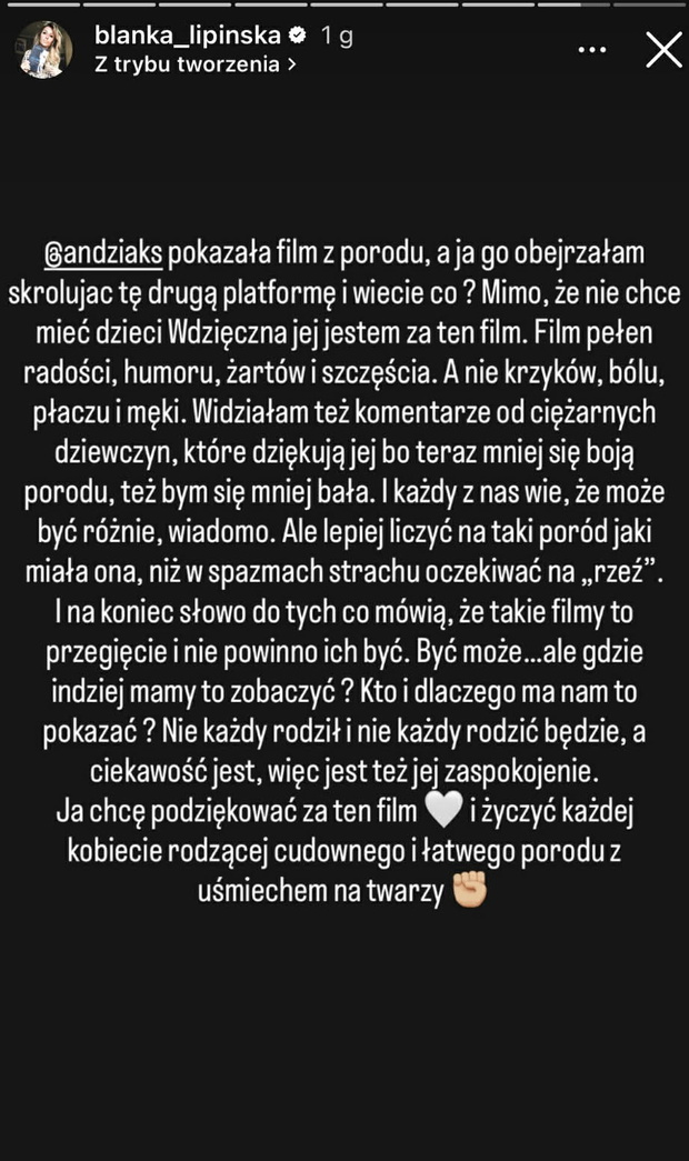 Blanka Lipińska komentuje poród Andziaks