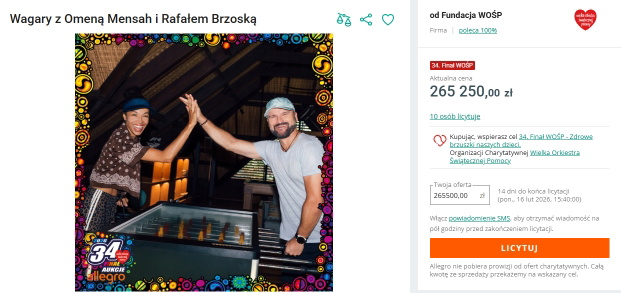 Aukcja WOŚP Omeny Mensah i Rafała Brzoski