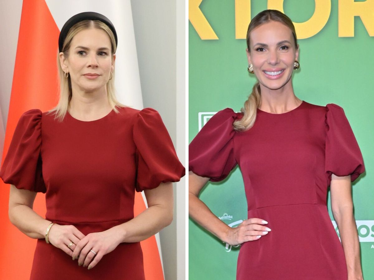Marta Nawrocka i Izabela Janachowska w identycznych stylizacjach w kolorze "deep burgundy"