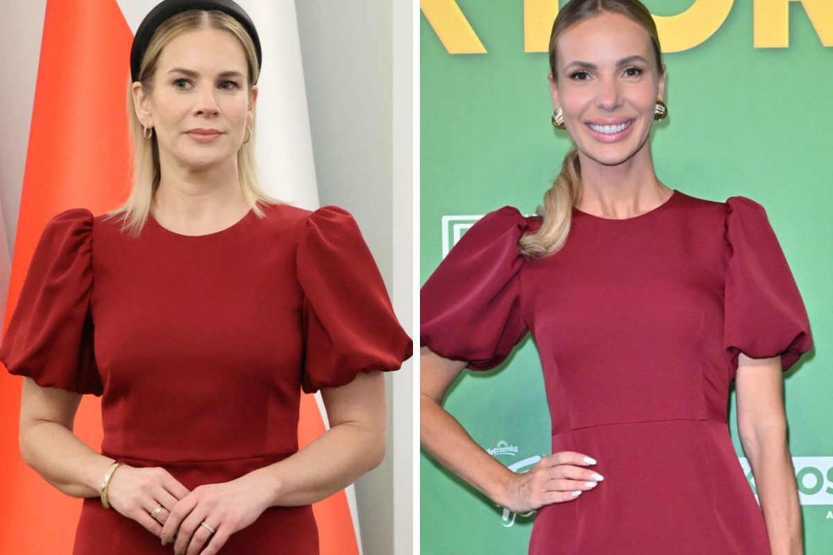 Marta Nawrocka i Izabela Janachowska w identycznych stylizacjach w kolorze "deep burgundy"