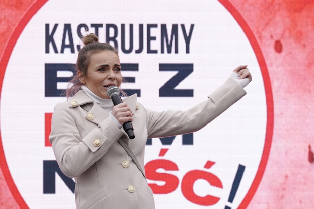 Edyta Herbuś na proteście ws. zwierząt w Warszawie, marzec 2026