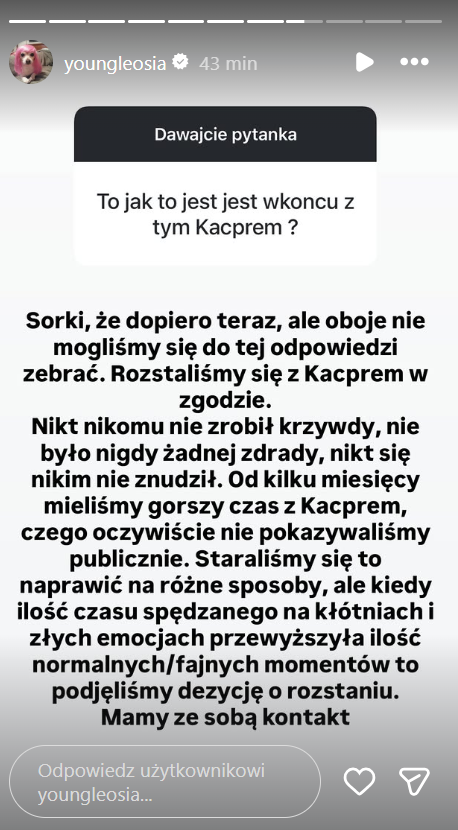 Young Leosia potwierdziła rozstanie z Kacprem Błońskim fot. Instagram @youngleosia