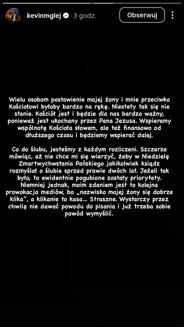 Kevin Mglej wydał oświadczenie fot. Instagram @kevinmglej