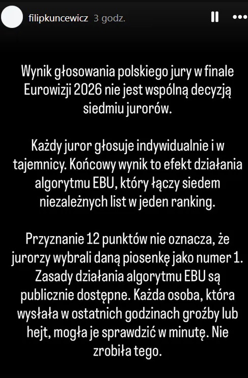 Oświadczenie polskiego jurora po Eurowizji