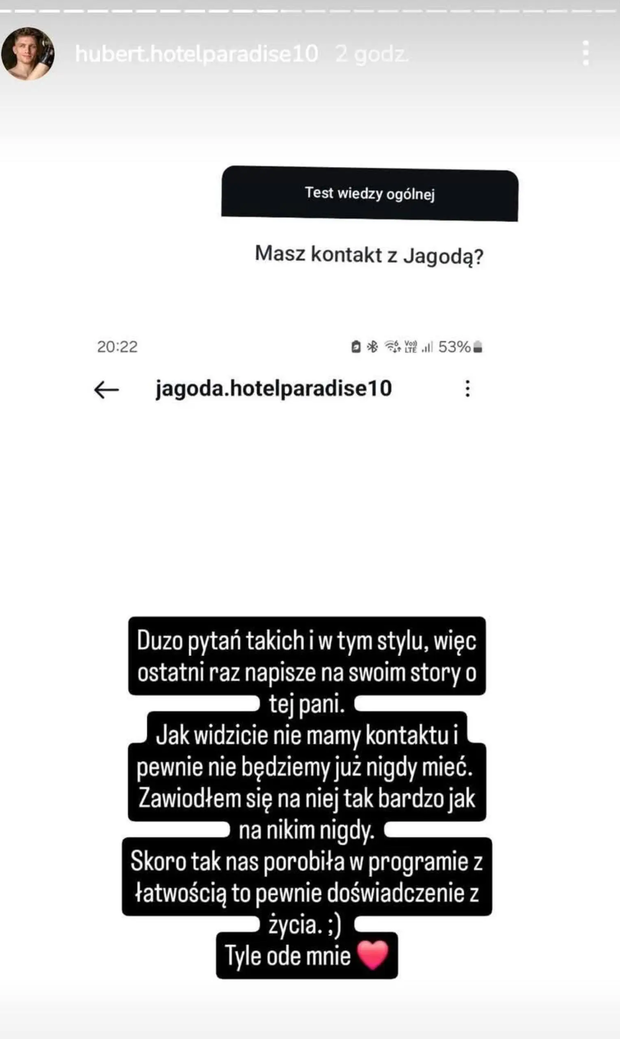 Hubert z "Hotelu Paradise" ostro o zakończeniu znajomości z Jadzią