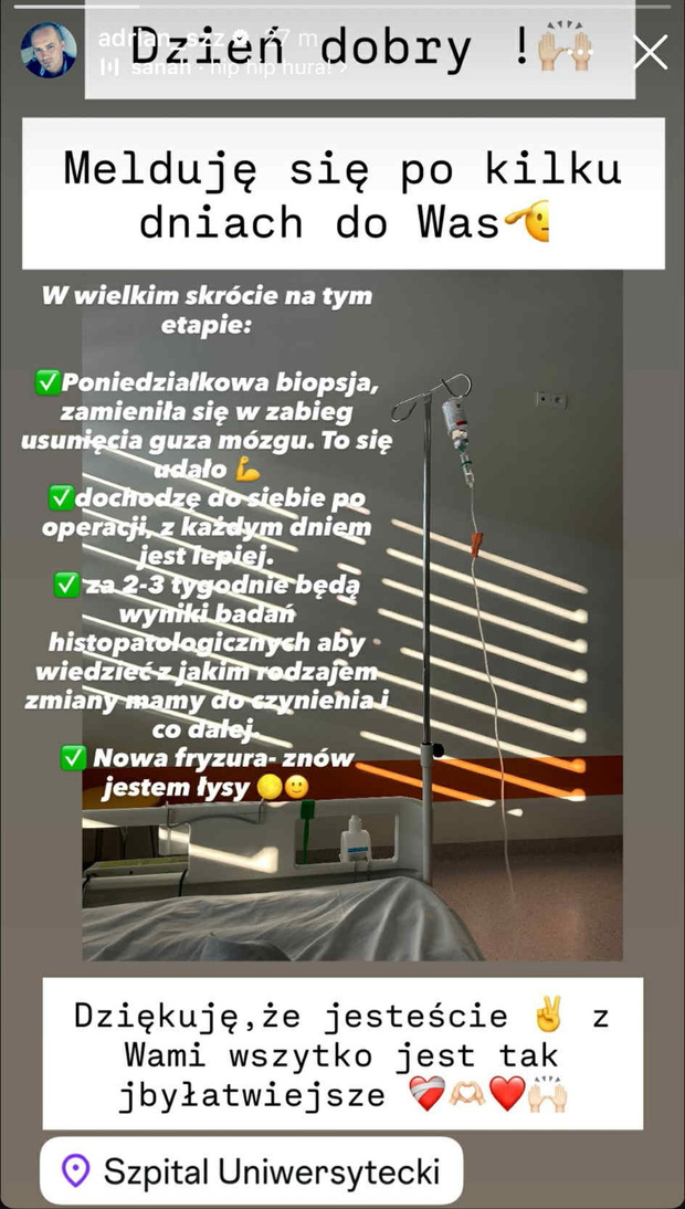 Adrian ze "ŚOPW" przeszedł zabieg usunięcia guza mózgu