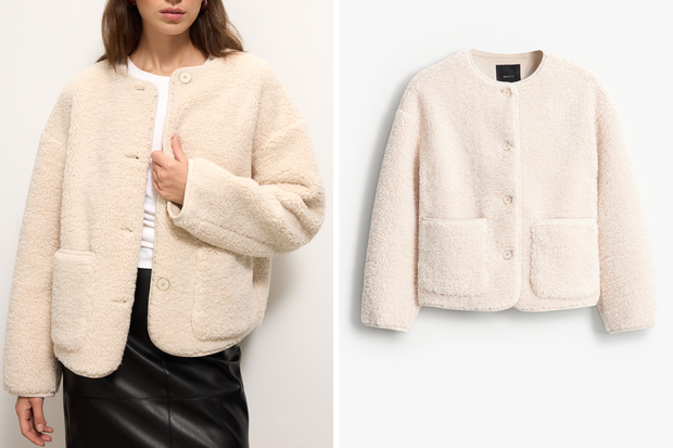 Modna kurtka "oatmeal" typu "oversize sherpa" na zimę 2026 w stylu gwiazd z Mohito za 159,99 złotych