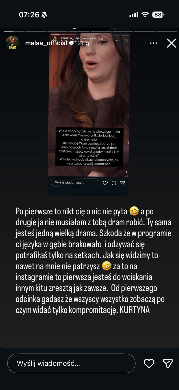 Spięcie w "Królowej przetrwania" fot. Instagram @malaa_official