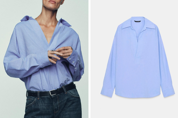 Modna koszula w kolorze "Pale Cerulean" w stylu królowej Letycji z Zary za 109 złotych