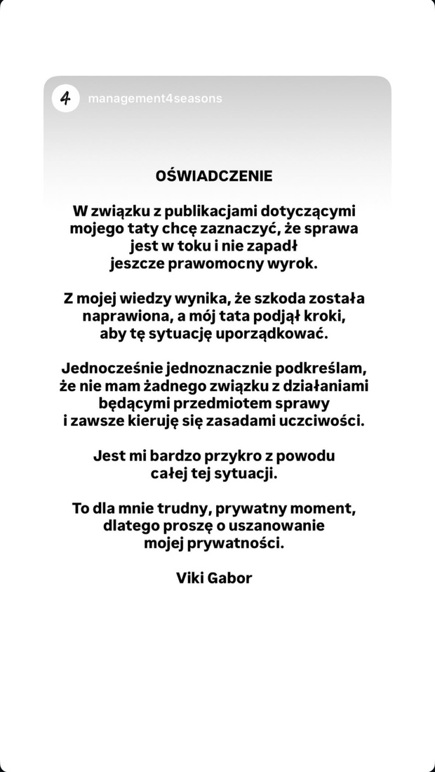 Viki Gabor zabrała głos ws. ojca. "Jest mi bardzo przykro"