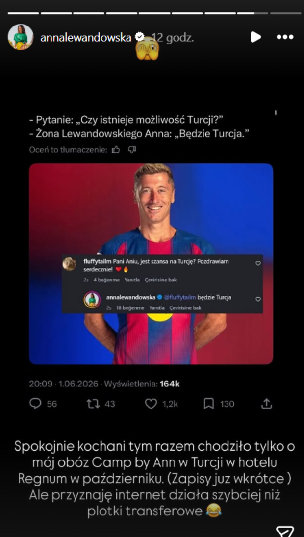 Lewandowska tłumaczy się z komentarza o Turcji