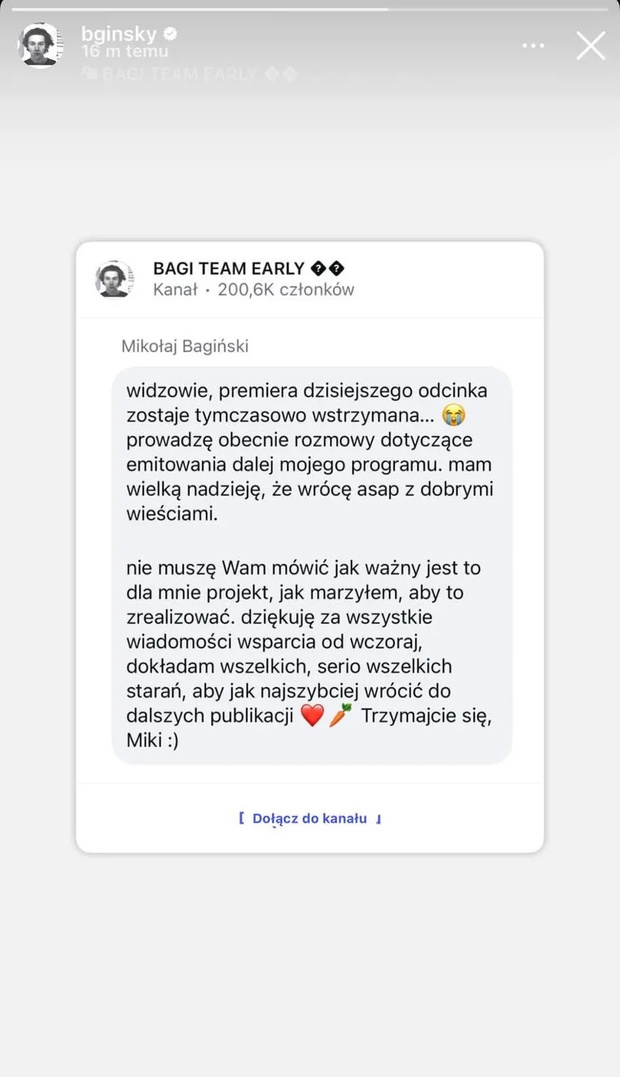 Nowy program Bagiego wstrzymany. Gwiazdor zabrał głos