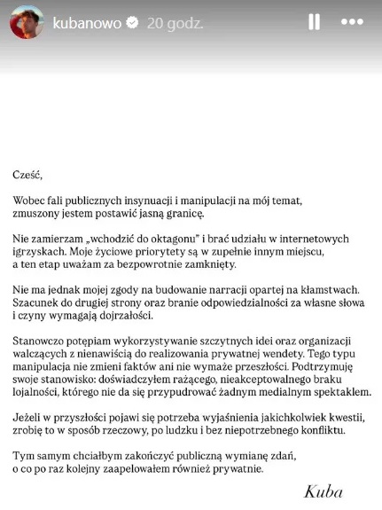 Kuba Nowosiński wydał oświadczenie