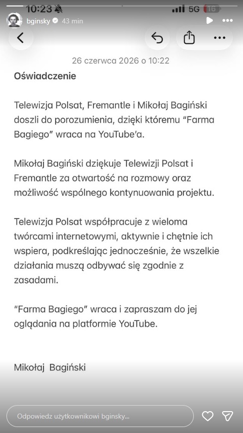 Bagi opublikował oświadczenie