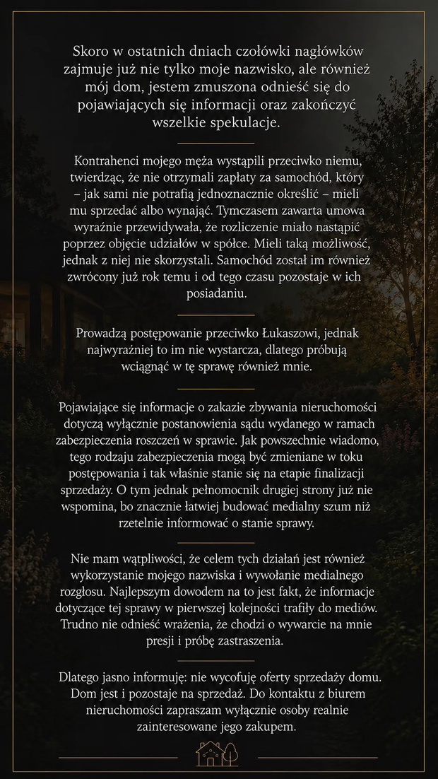 Oświadczenie Sylwii Peretti ws. sprzedaży willi pod Krakowem