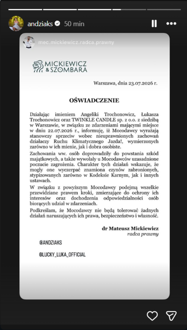 Oświadczenie radcy prawnego Andziaks i Luki po atakach aktywistów