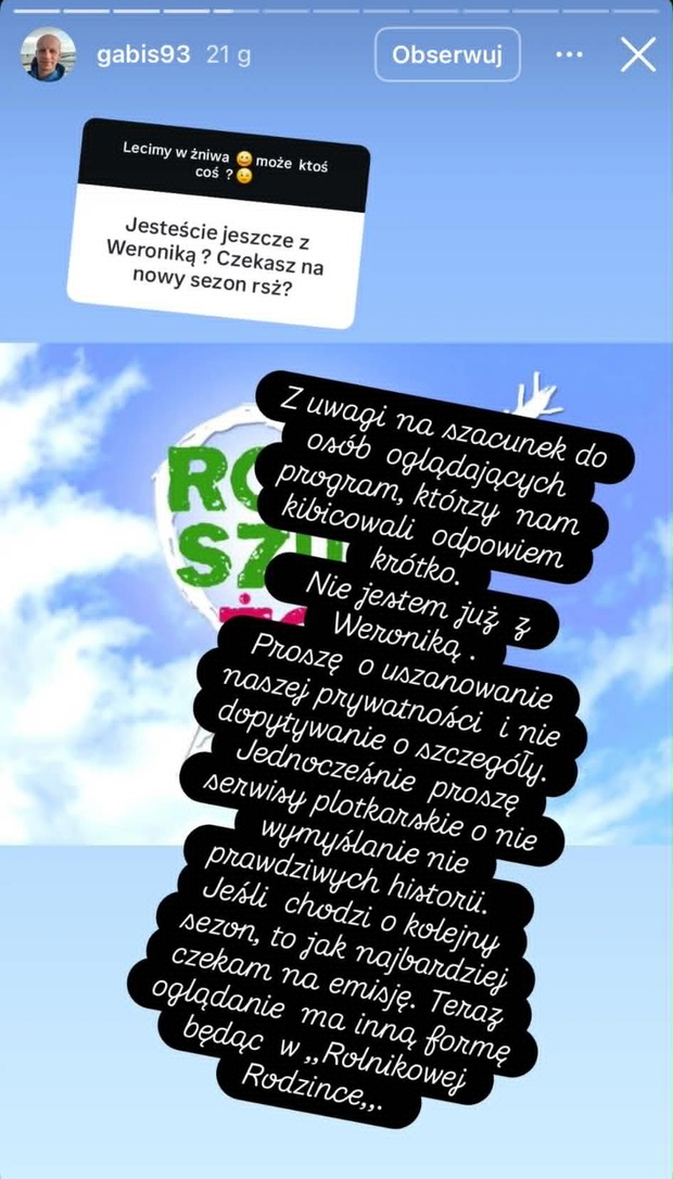 Gabriel z "Rolnik szuka żony" ogłosił rozstanie z Weroniką
