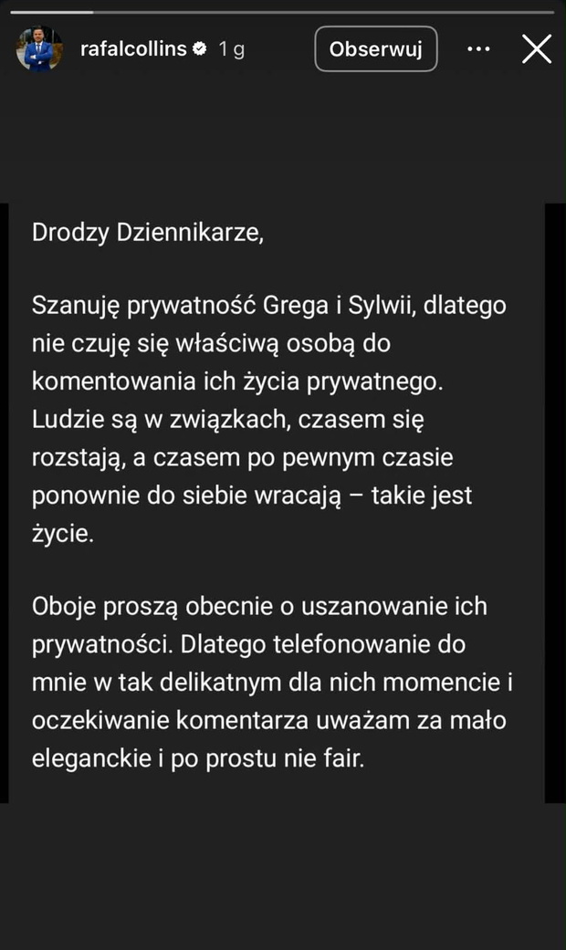 Rafał Collins wydał oświadczenie ws. rozstania Grzegorza Collinsa i Sylwii Bomby