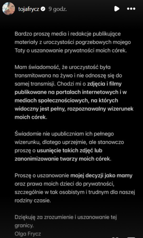 Apel Olgi Frycz po pogrzebie Jana Frycza