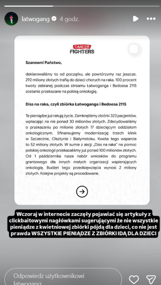 Łatwogang zabrał głos ws. afery po jego zbiórce. Pokazał oświadczenie fundacji Cancer Fighters